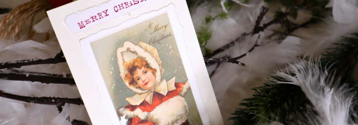 nostalgische Weihnachtskarte mit Mädchen und Puff